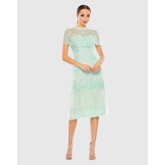 Mac Duggal Size 8 Mint Green A35147 Embroidered Midi A-Line Cocktail Dress New - Picture 1 of 12